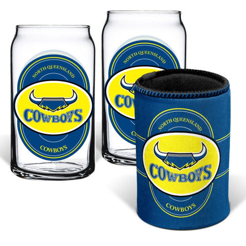 North Queensland COWBOYS NRL Set of 2 pint Glasses &amp; Can Cooler