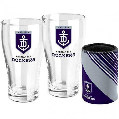 Fremantle DOCKERS AFL Set of 2 pint Glasses &amp; Can Cooler gift pack