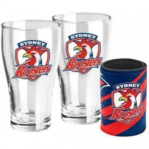 Sydney ROOSTERS NRL Set of 2 pint Glasses &amp; Can Cooler