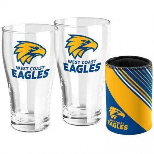 West Coast EAGLES AFL Set of 2 pint Glasses &amp; Can Cooler Gift Pack