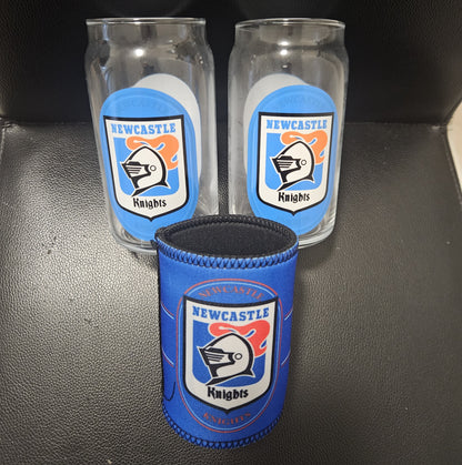 Newcastle Knights NRL Set of 2 pint Glasses & Can Cooler