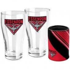Essendon BOMBERS AFL Set of 2 pint Glasses & Can Cooler Gift Pack