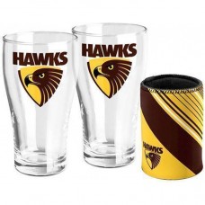 Hawthorn HAWKS AFL Set of 2 pint Glasses & Can Cooler Gift Pack